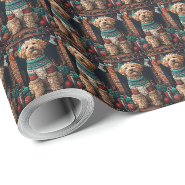 Bernedoodle Dog with Christmas Gifts Fireplace Wrapping Paper (Roll Corner)