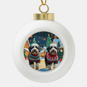 Bernedoodle Dogs Christmas Snow Holiday Ceramic Ball Christmas Ornament