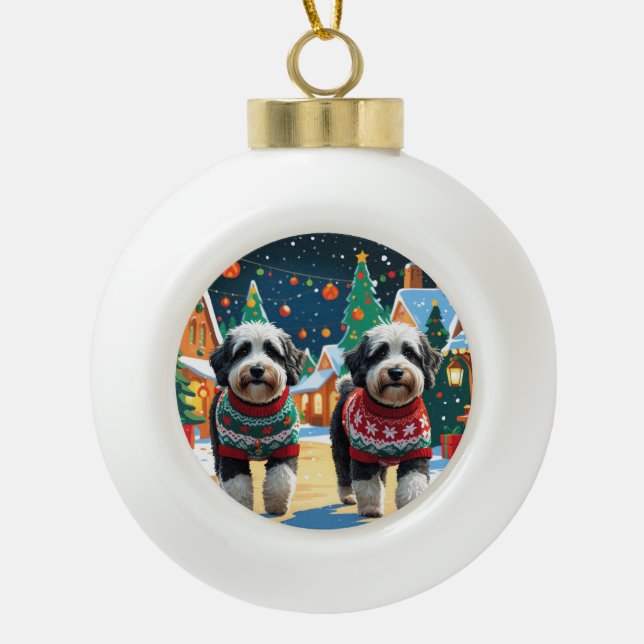 Bernedoodle Dogs Christmas Snow Holiday Ceramic Ball Christmas Ornament (Front)