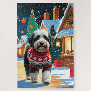 Bernedoodle Dogs Christmas Snow Holiday Jigsaw Puzzle