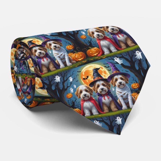 Bernedoodle Dogs Pumpkin Halloween Funny Tie (Rolled)