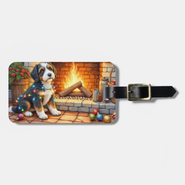 Bernedoodle Fireplace with Christmas Lights Luggage Tag (Front Horizontal)