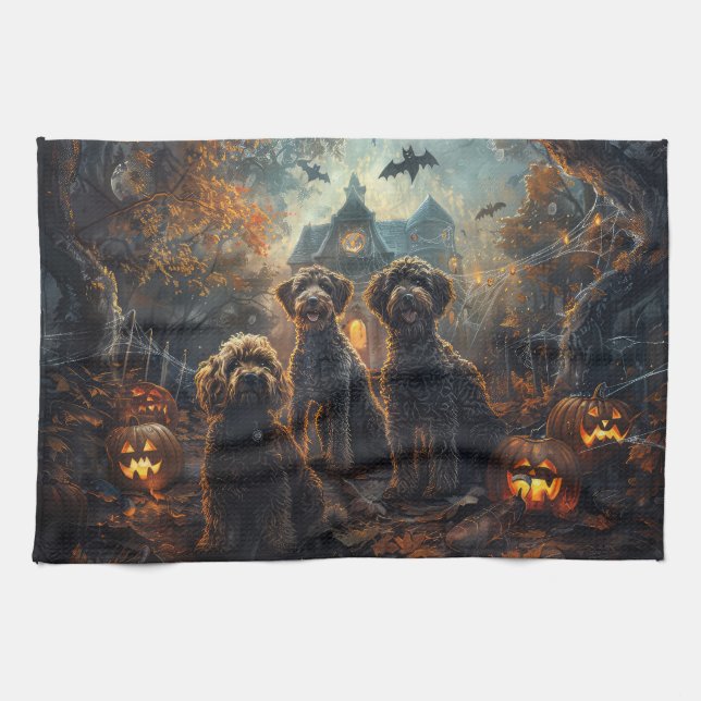 Bernedoodle Halloween Night Doggy Delight  Tea Towel (Horizontal)