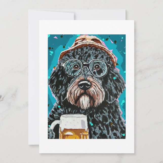 Bernedoodle holding a beer mug invitation (Front)