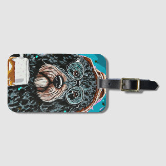 Bernedoodle holding a beer mug luggage tag