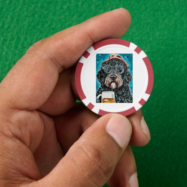 Bernedoodle holding a beer mug poker chips (Hand)
