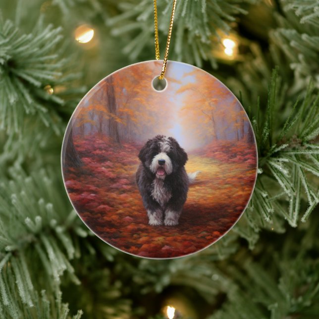 Bernedoodle in Autumn Leaves Fall Inspire  Ceramic Ornament (Tree)