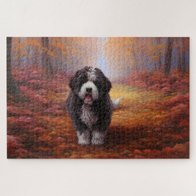 Bernedoodle in Autumn Leaves Fall Inspire  Jigsaw Puzzle (Horizontal)