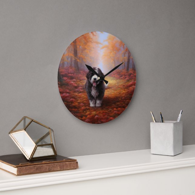 Bernedoodle in Autumn Leaves Fall Inspire  Large Clock (Office)