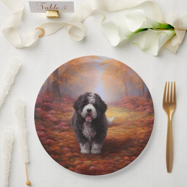 Bernedoodle in Autumn Leaves Fall Inspire  Paper Plate (Wedding)