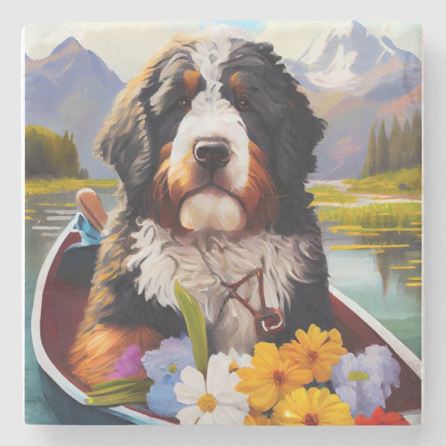 Bernedoodle on a Paddle: A Scenic Adventure  Stone Coaster (Front)