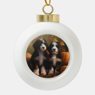 Bernedoodle Puppy Autumn Delight Pumpkin Ceramic Ball Christmas Ornament