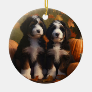 Bernedoodle Puppy Autumn Delight Pumpkin Ceramic Ornament