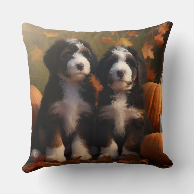 Bernedoodle Puppy Autumn Delight Pumpkin Cushion (Back)