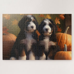 Bernedoodle Puppy Autumn Delight Pumpkin Jigsaw Puzzle