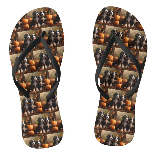 Bernedoodle Puppy Autumn Delight Pumpkin Thongs (Footbed)