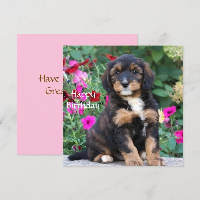 Bernedoodle puppy in petunias Birthday Card (Front/Back)