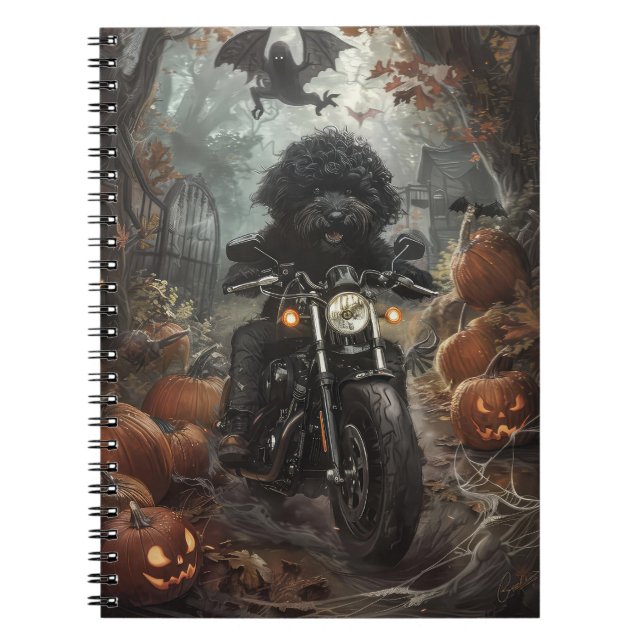 Bernedoodle Riding Motorcycle Halloween Scary Notebook (Front)