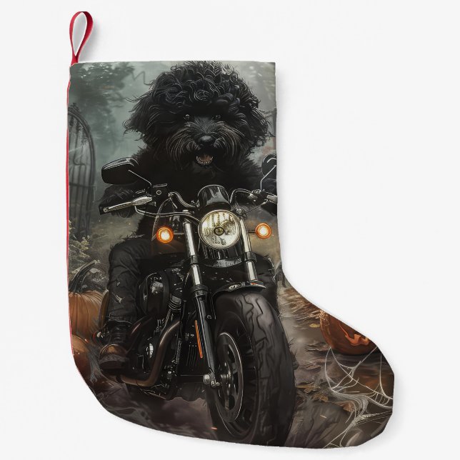 Bernedoodle Riding Motorcycle Halloween Scary Small Christmas Stocking (Front)