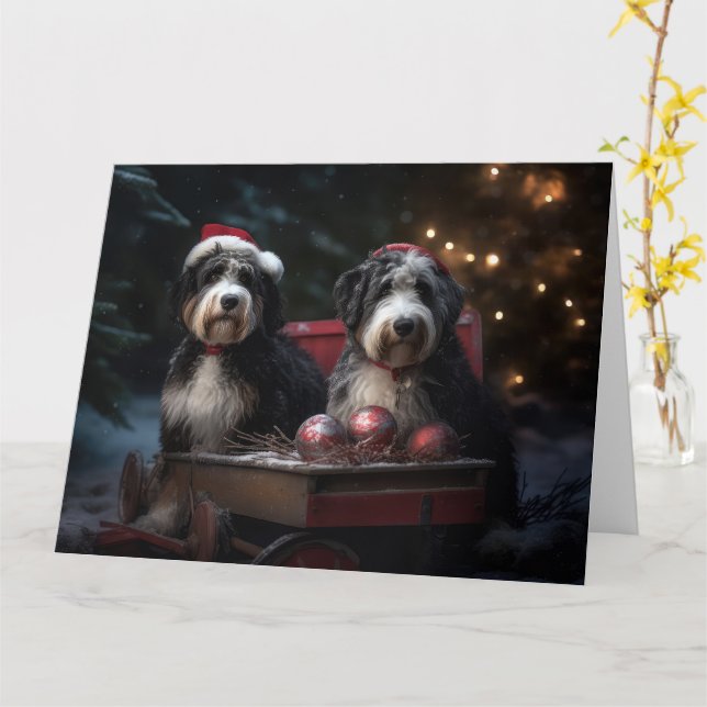 Bernedoodle Snowy Sleigh Christmas Decor   Card (Yellow Flower)