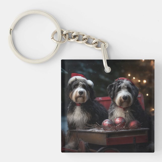 Bernedoodle Snowy Sleigh Christmas Decor   Key Ring (Front)