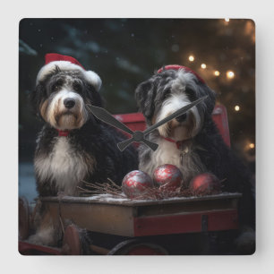 Bernedoodle Snowy Sleigh Christmas Decor Square Wall Clock