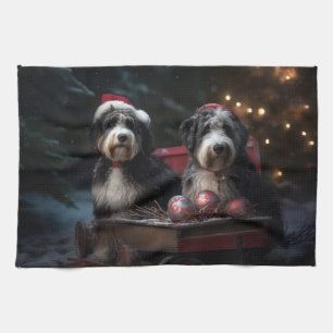 Bernedoodle Snowy Sleigh Christmas Decor Tea Towel