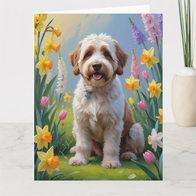 Bernedoodle Spring Flowers Painting  Card (Front)