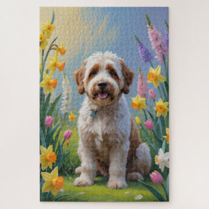 Bernedoodle Spring Flowers Painting  Jigsaw Puzzle