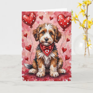 Bernedoodle Valentine Dog Sitting with Hearts Red Card
