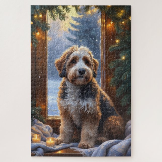 bernedoodle With Christmas Lights Holiday Jigsaw Puzzle (Vertical)