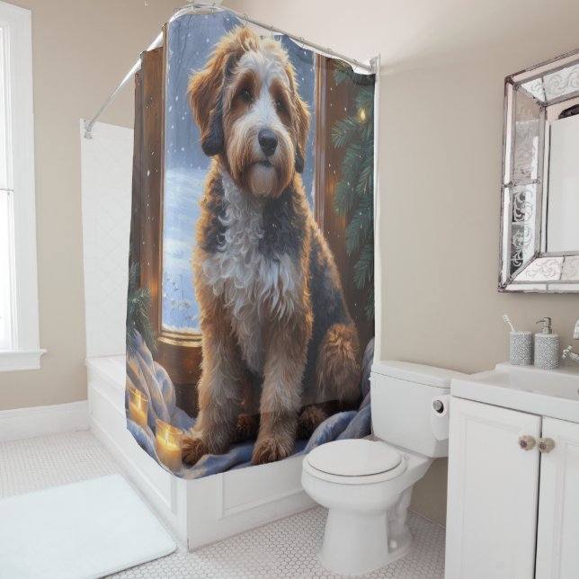 bernedoodle With Christmas Lights Holiday Shower Curtain (In Situ)