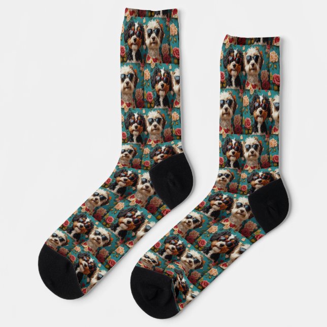 Bernedoodle With Heart Roses Valentine's Day  Socks (Left)