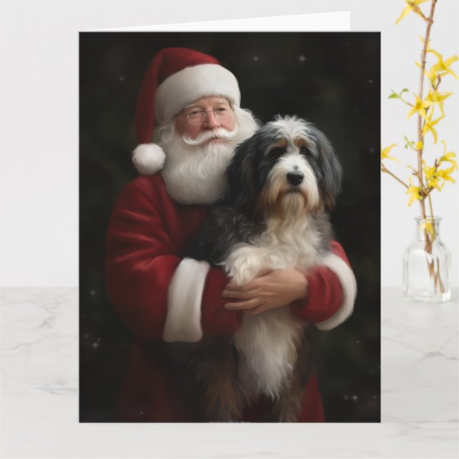 Bernedoodle with Santa Claus Festive Christmas  Card (Yellow Flower)