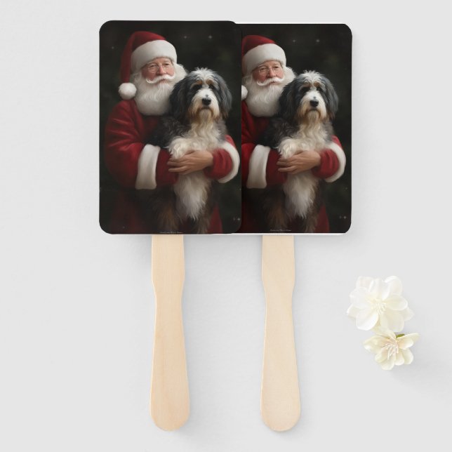 Bernedoodle with Santa Claus Festive Christmas  Hand Fan (Front and Back)