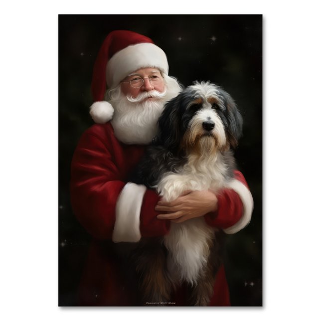 Bernedoodle with Santa Claus Festive Christmas  Table Number (Front)