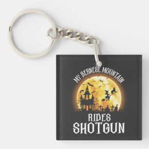 Bernese Dog Rides Shotgun, Halloween Spooky Dog Key Ring