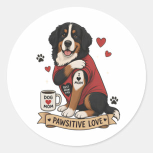 Bernese Dog with Tattoo Illustration I Heart Mom Classic Round Sticker