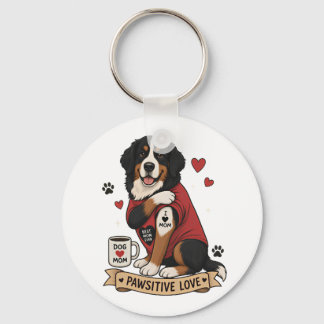Bernese Dog with Tattoo Illustration I Heart Mom Key Ring