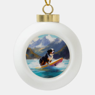 Bernese Mountain Beach Surfing Painting Ceramic Ball Christmas Ornament