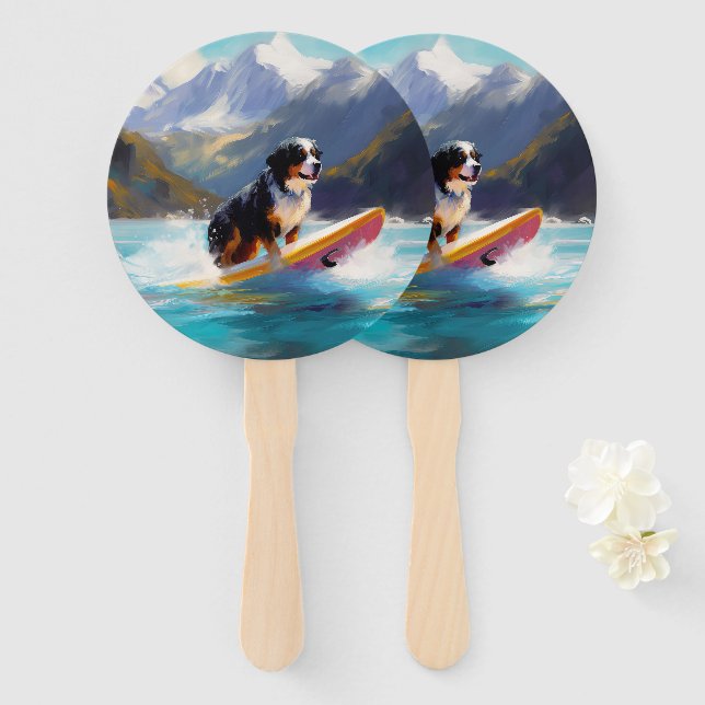 Bernese Mountain Beach Surfing Painting Hand Fan (Front and Back)