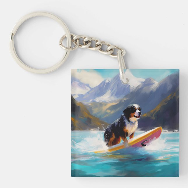 Bernese Mountain Beach Surfing Painting Key Ring (Front)