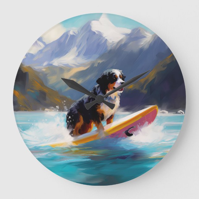 Bernese Mountain Beach Surfing Painting Large Clock (Front)
