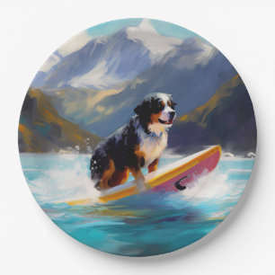 Bernese Mountain Beach Surfing Painting Paper Plate