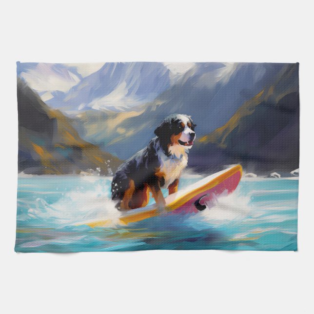 Bernese Mountain Beach Surfing Painting Tea Towel (Horizontal)