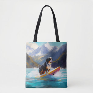 Bernese Mountain Beach Surfing Painting Tote Bag