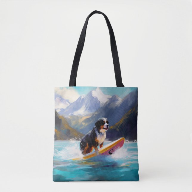 Bernese Mountain Beach Surfing Painting Tote Bag (Front)