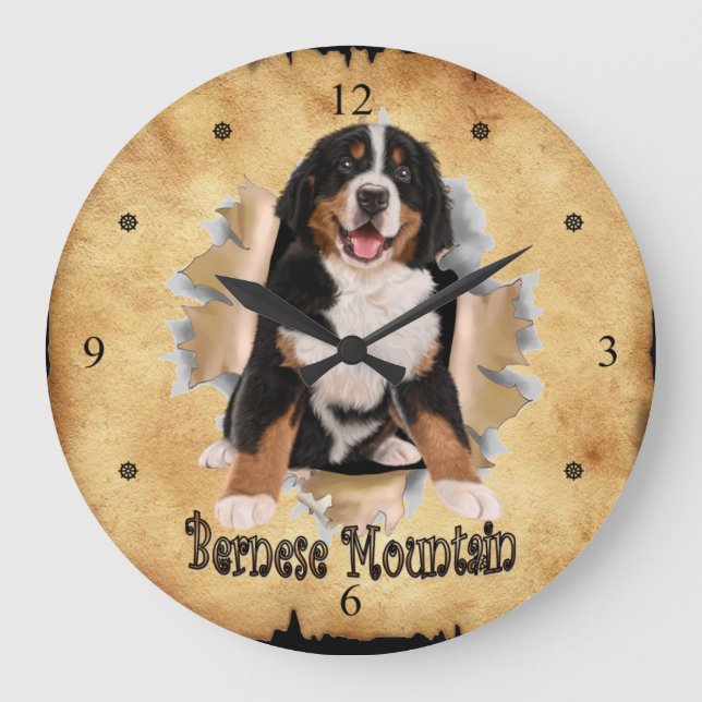 Bernese Mountain Breaks Through Paper Bag Clock! ~ Large Clock (Front)
