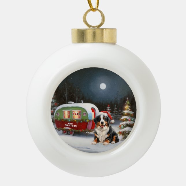 Bernese Mountain Caravan Christmas Adventure Ceramic Ball Christmas Ornament (Front)
