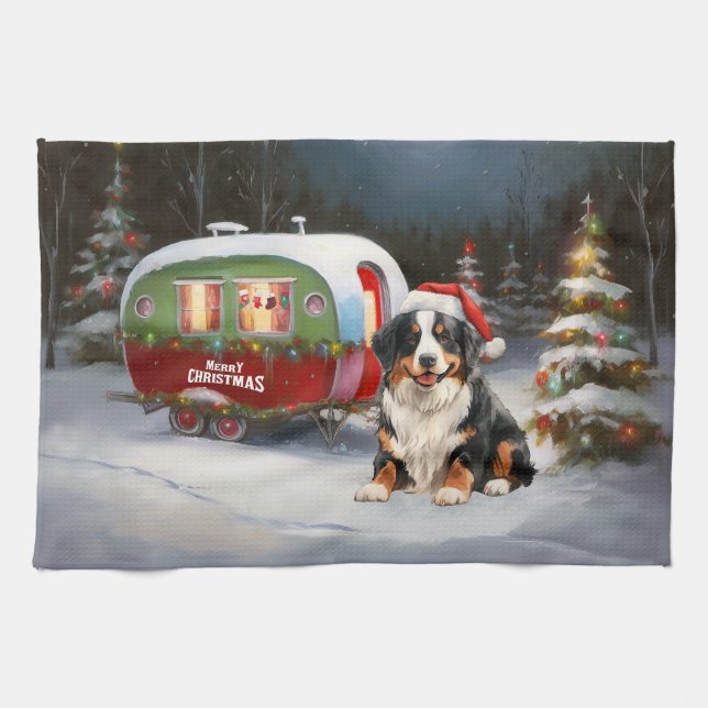 Bernese Mountain Caravan Christmas Adventure Tea Towel (Horizontal)